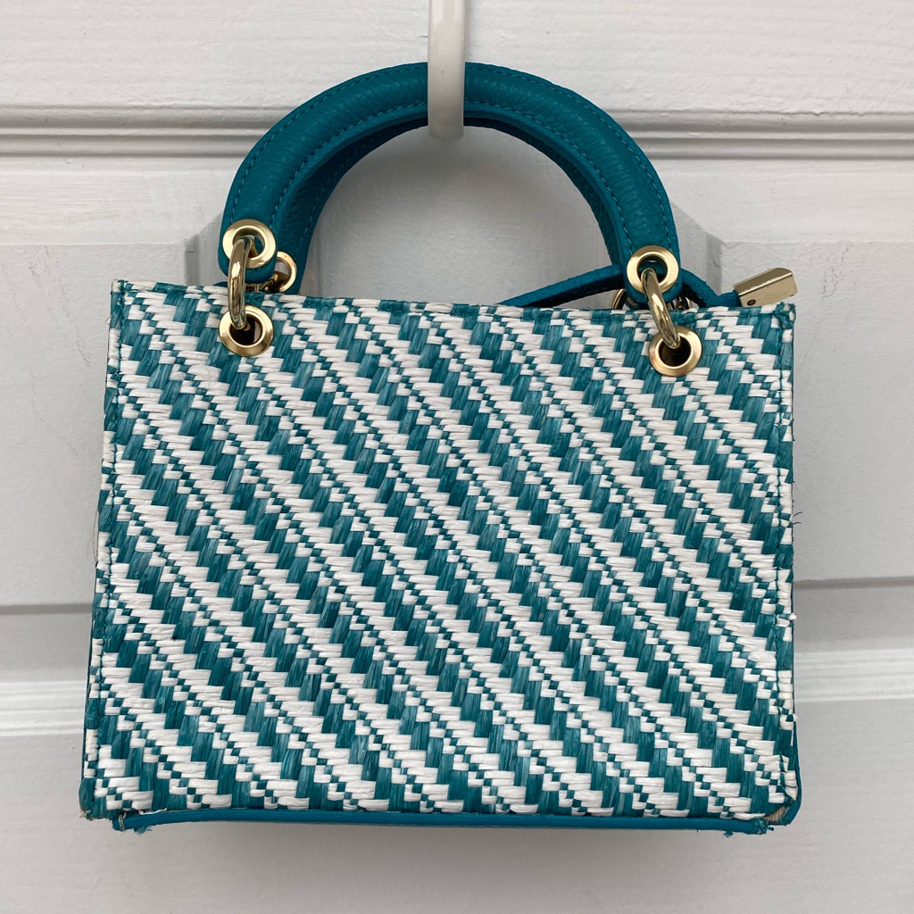 Persaman New York Turquoise & White Raffia & Leather Mini Bag With Long Strap
